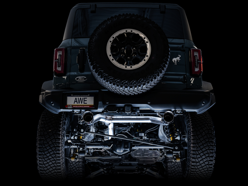 AWE Tuning 2021+ Ford Bronco 0FG Dual Rear Exit Exhaust w/Chrome Silver Tips & Bash Guard - Image 5