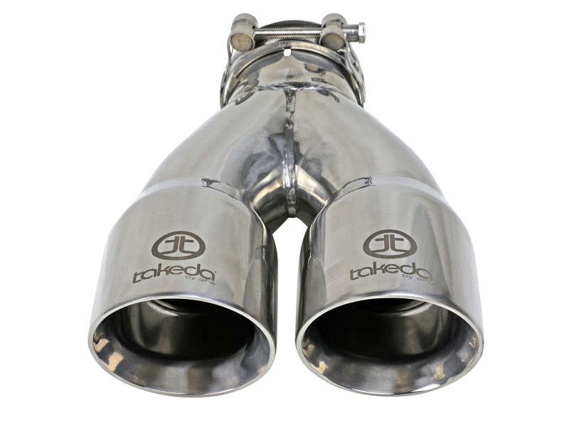 aFe Takeda 2.5in 304 Stainless Steel Clamp-on Exhaust Tip 2.5in Inlet 3in Dual Outlet - Polished - Image 3