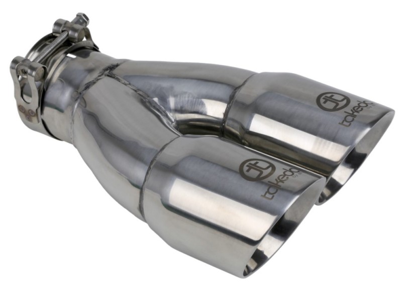 aFe Takeda 2.5in 304 Stainless Steel Clamp-on Exhaust Tip 2.5in Inlet 3in Dual Outlet - Polished - Image 4