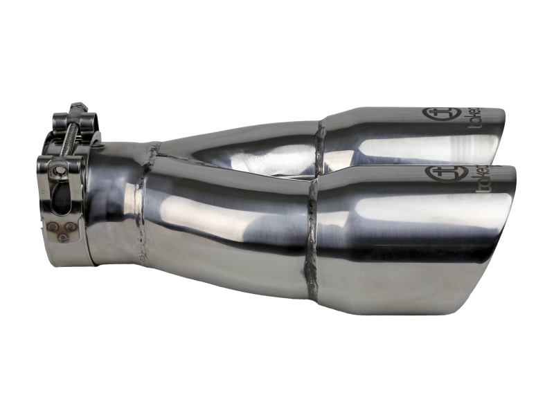 aFe Takeda 2.5in 304 Stainless Steel Clamp-on Exhaust Tip 2.5in Inlet 3in Dual Outlet - Polished - Image 2