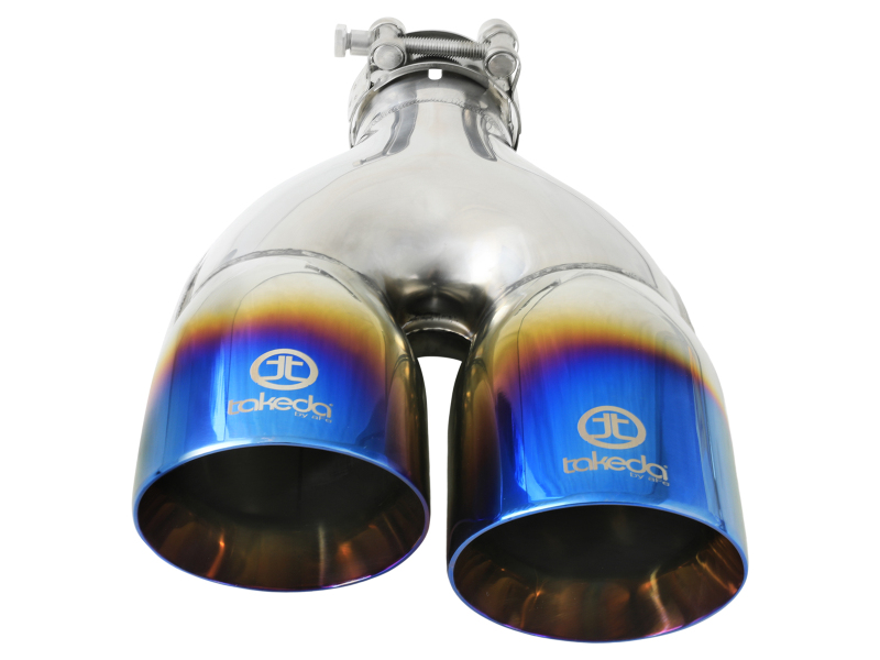 aFe Takeda 2.5in 304 Stainless Steel Clamp-on Exhaust Tip Driver Side 2.5in Inlet 4inDual-Blue Flame - Image 3