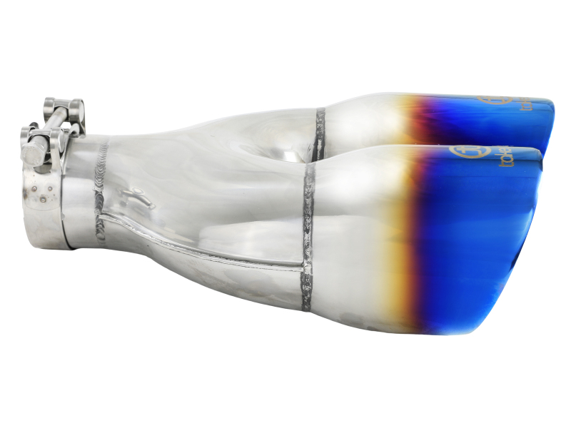 aFe Takeda 2.5in 304 Stainless Steel Clamp-on Exhaust Tip Driver Side 2.5in Inlet 4inDual-Blue Flame - Image 2