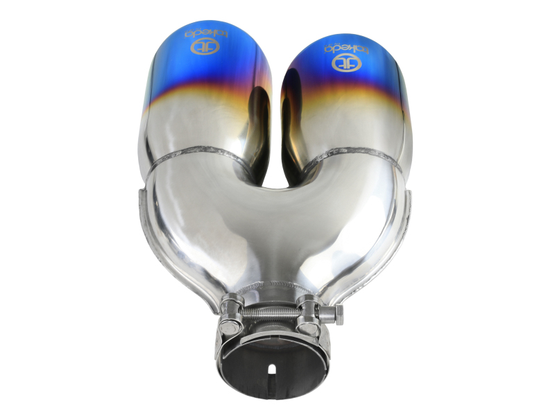 aFe Takeda 2.5in 304 Stainless Steel Clamp-on Exhaust Tip Driver Side 2.5in Inlet 4inDual-Blue Flame - Image 4
